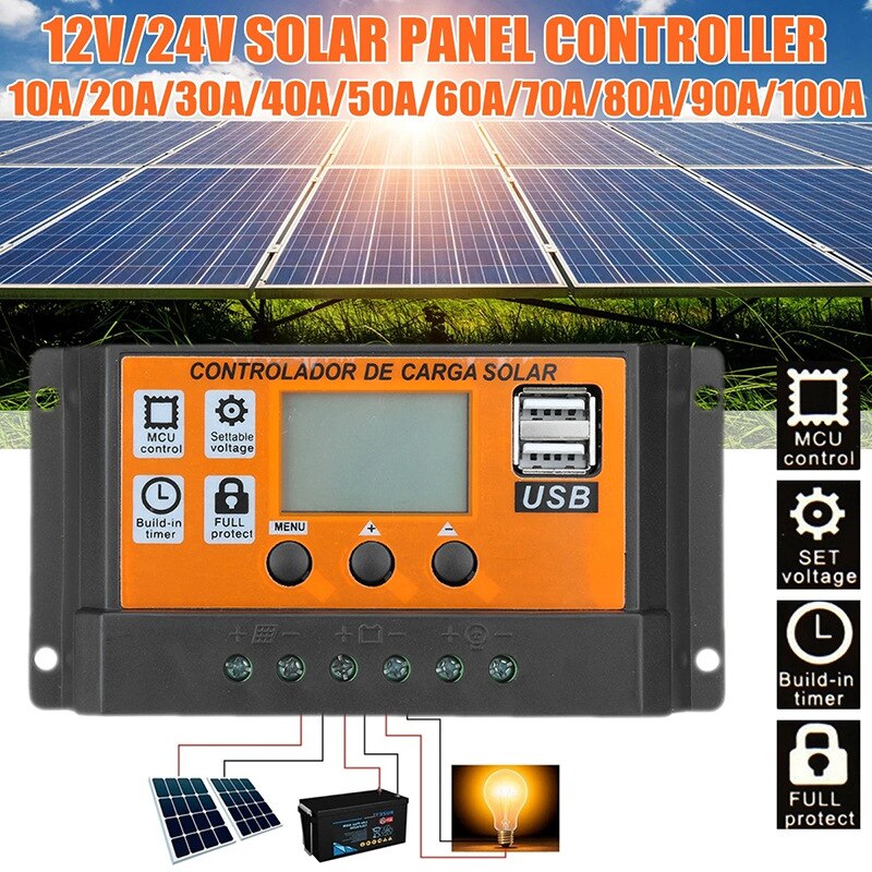 10A/20A/30A/40A/50A/100A Auto Solar Laadregelaar Lcd Dual Usb Zonnepaneel regulator Dual Usb Voltage Charger 12V24V Power