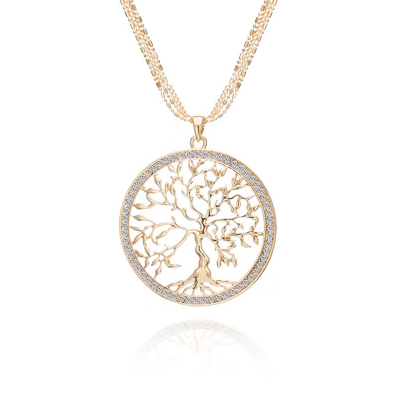 Tree of life Crystal Big Pendant Necklace Women 3 Colors Long Sweater Chains Necklace Jewelry: Gold-color