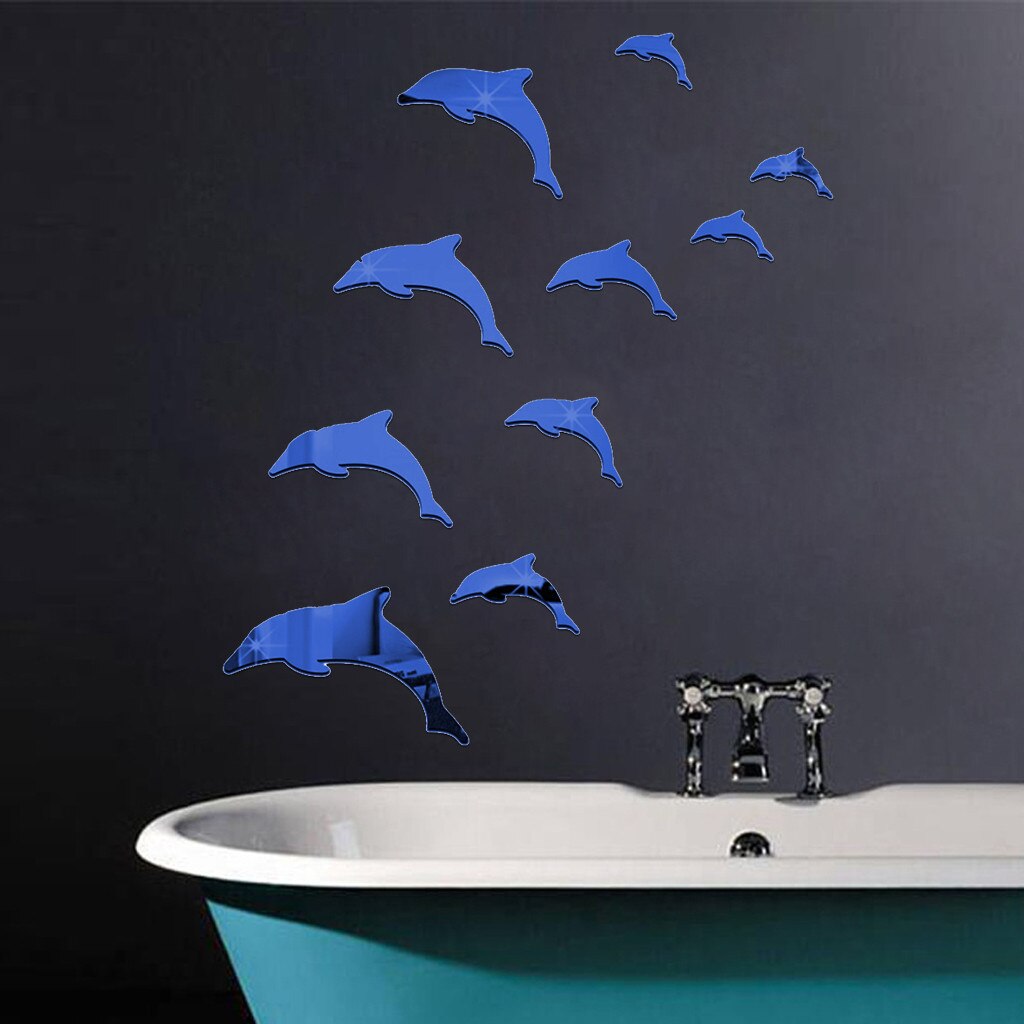 DIY Silver Dolphin Fish Mirror Wall Sticker Home Mural Ornament Wall Sticker Modern Animal Stickers for Home Decoration#0707LJC