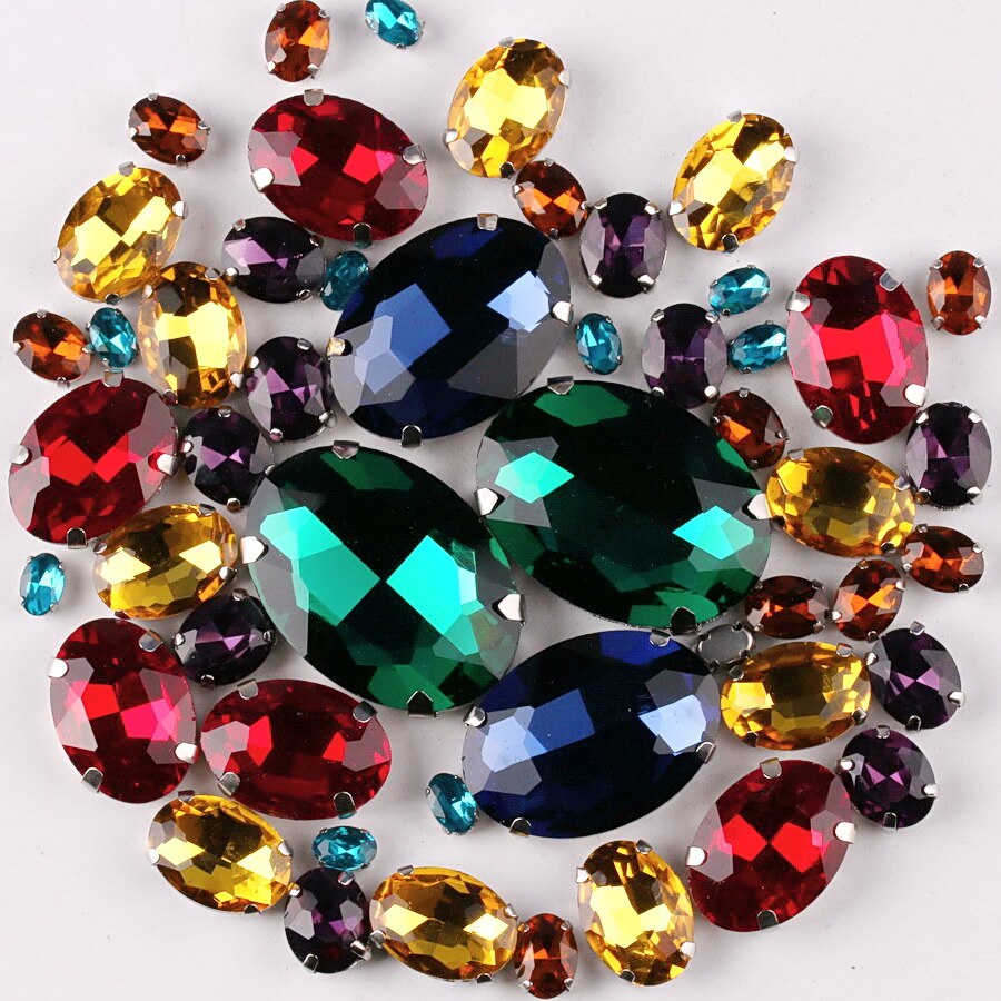 Silver claw setting Oval shape 7 sizes mix 50pcs/bag glass crystal sew on rhinestone beads wedding dress shoes bags diy trim