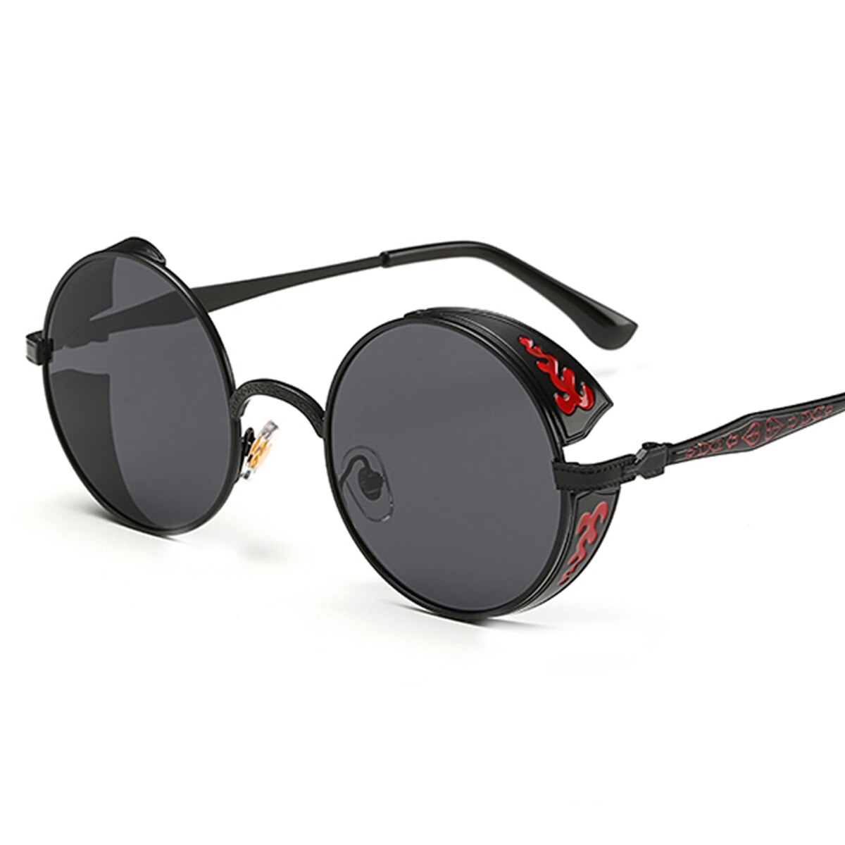 Unisexe rétro Steampunk Style lunettes de soleil lentille ronde métal creux cadre Vintage lunettes pour hommes femmes lunettes de soleil conduite: Black Frame-Grey