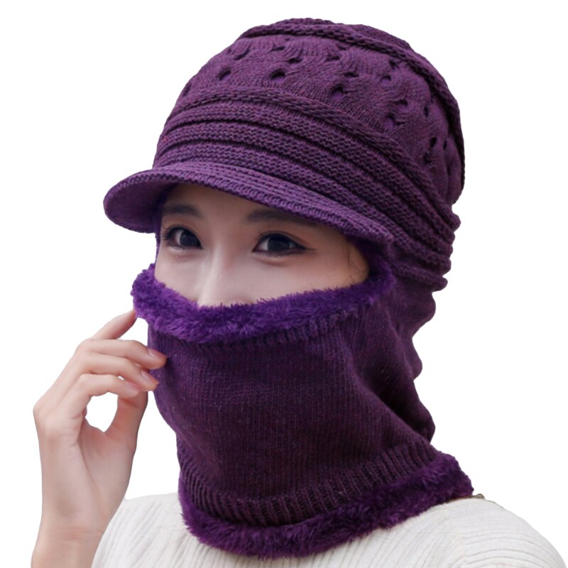 Senhoras inverno quente corda agulha forro de pelúcia quente à prova de vento capa completa cordão earmuffs com capuz czapki zimowe dla dziewczynki: Dark purple