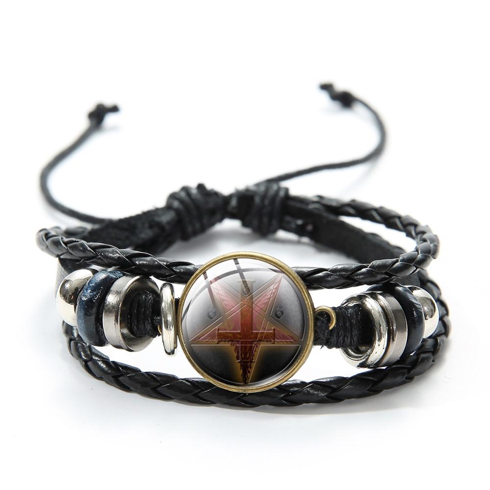 Neue Punk Teufel Satan Ziege Kopf Baphomet Leder Armbinde Jahrgang Invertiert Pentagramm Githic aufbringen Glas Cabochon Charme Armbinde