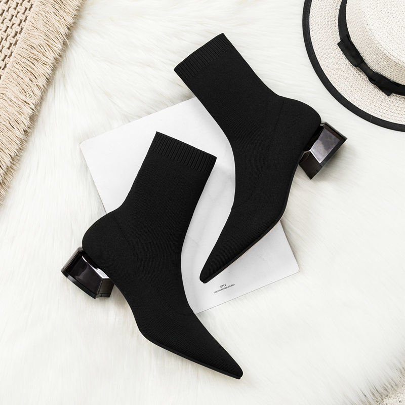 Botas finas de tacón alto para mujer, Botines de tacón medio puntiagudos, de punto, para otoño e invierno,: 35