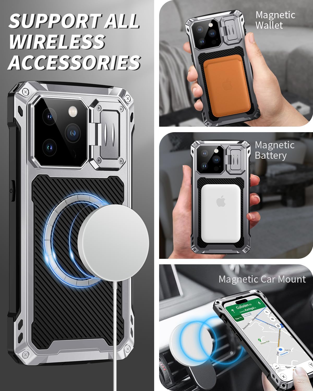 Voor iPhone 14 15 16 Pro Max Plus Aluminium Metal Armor Magnetische Telefoon Gevallen Lens Stand Screen Protector Zware Schokbestendige Cover