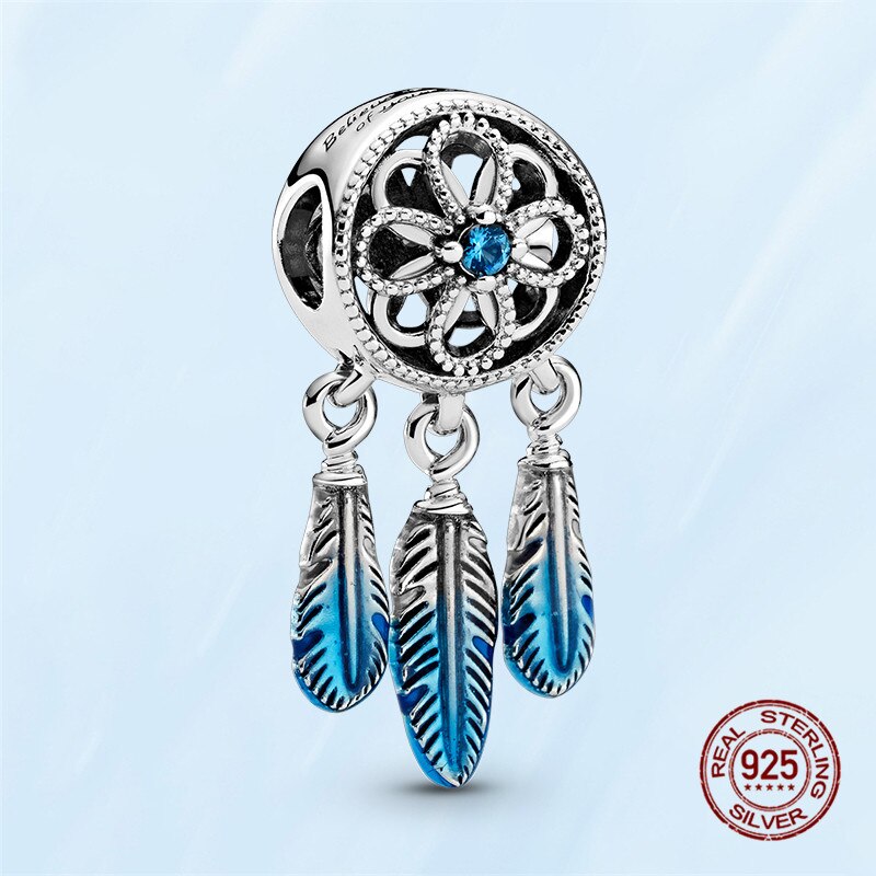 Zilver Charm 925 Sterling Zilver Blauw Dreamcatcher Charm Kralen Fit Originele Pan Armband Sieraden Voor Zusters En Vriendinnen