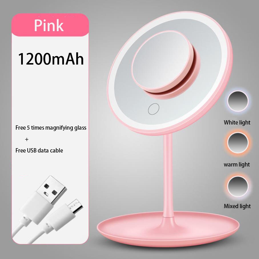 LED cosmetic mirror desk with lamp dormitory dressing mirror easy to fill with light makeup mirror: Pink1200 mAh