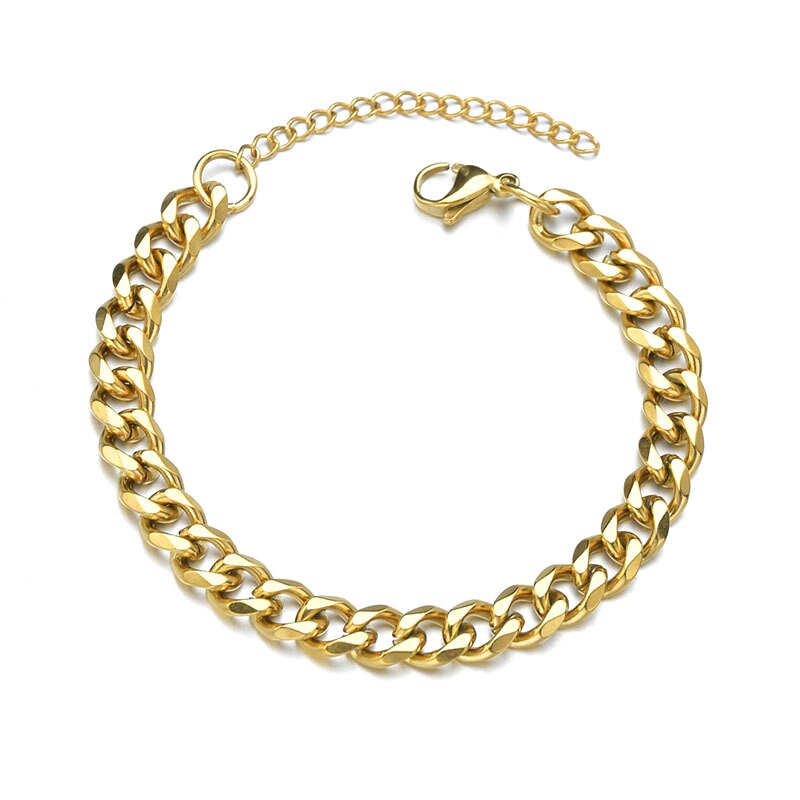 3/5/7/9mm Polished Stainless Steel Bracelet for Men Women Gold Black Color Punk Casual Curb Cuban Link Chain Bracelet: Gold Color / 3mm-22cm