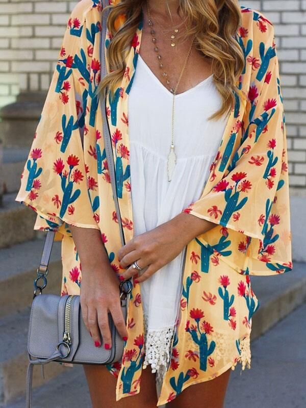 Zomer Vrouwen Lady Boho Beach Cover Up Kant Bloemen Vest Kimono Chiffon Blouse: Geel / XL