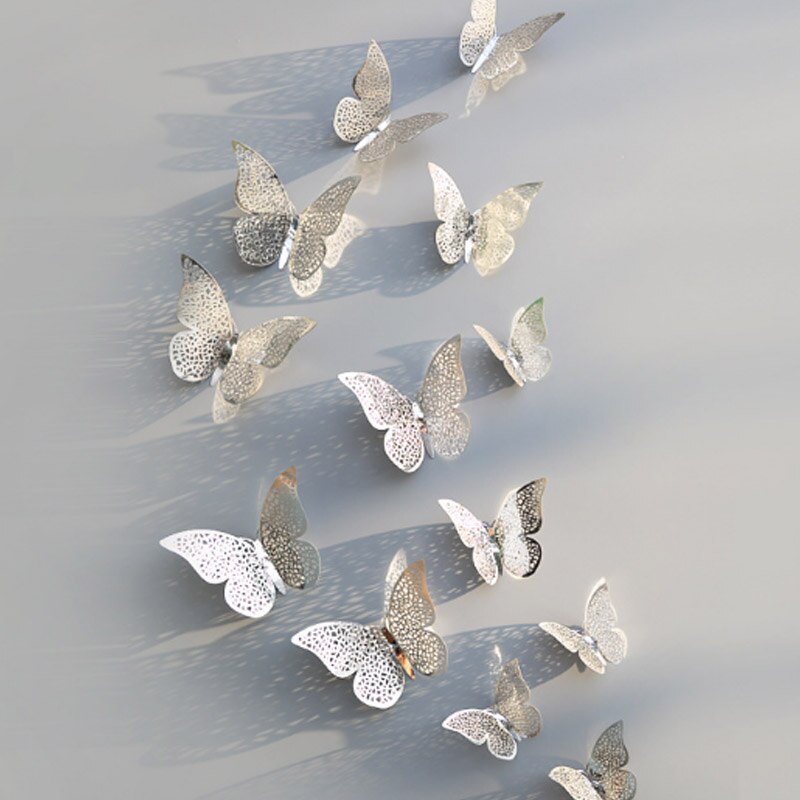 12 unids/lote de calcomanías de mariposa 3D doradas y plateadas para pared, calcomanías artísticas para el hogar, pegatinas para pared, decoraciones para exhibición de mariposas para fiestas y: B-silver