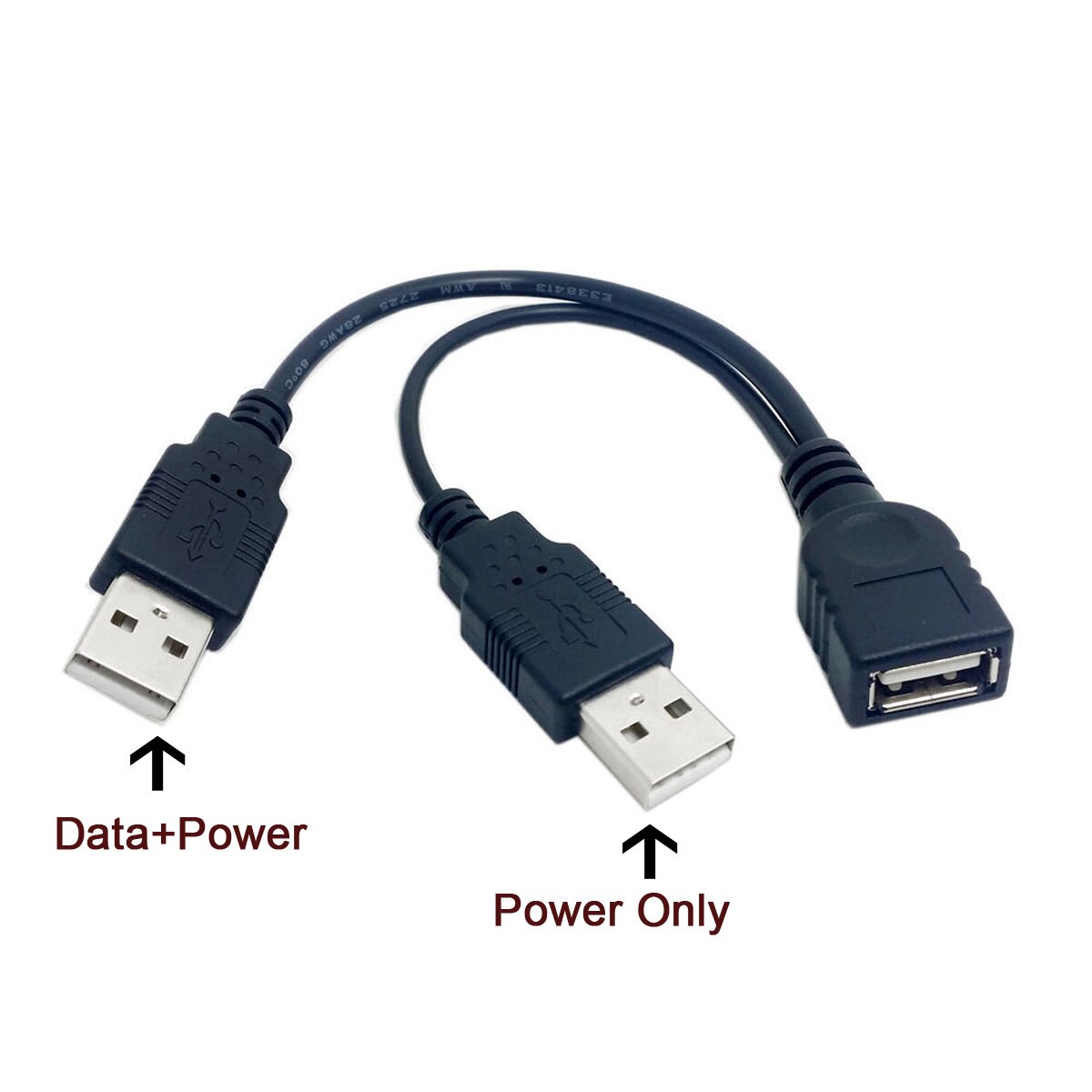 Cablecc BK USB 2.0 Female A to Dual A Male Extra Power Data Y Cable for 2.5" Hard Disk