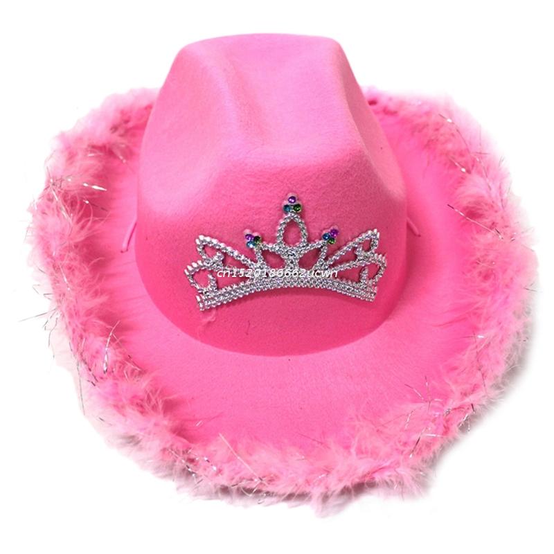 Wool Felt Fedoras in Europe Style for Birthday Celebration Tiara Hats in Pink with Sequins-Ornamented Selvege