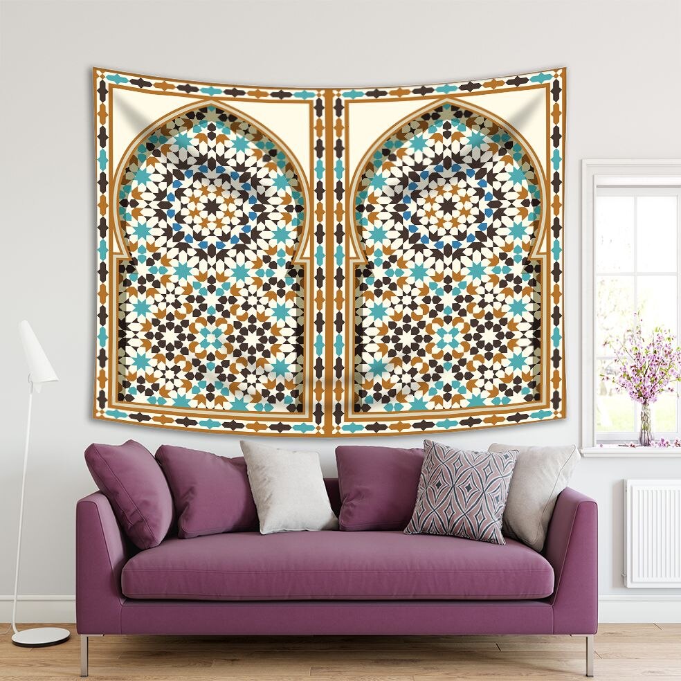 Tapestry Arabisch Boog Traditionele Islamitische Architectuur Classic Exterieur Decorating Element Bruin Blauw Wit