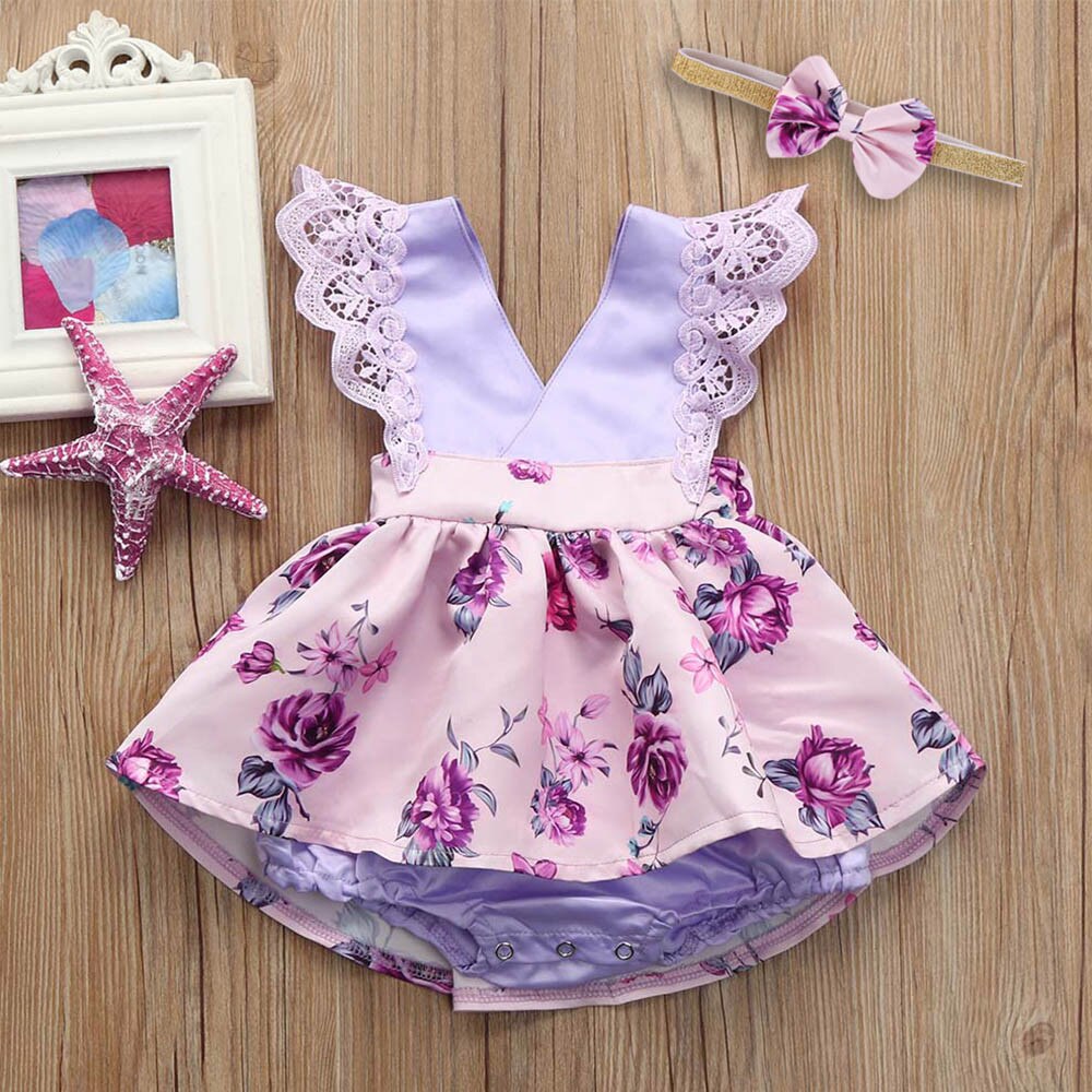 Baby Rompertjes; Peuter Baby Gilrs Mouwloos Lace Ruches Romper Jumpsuit Hoofdband Bloemen Ouifit Kleding Voor Meisje;: 80