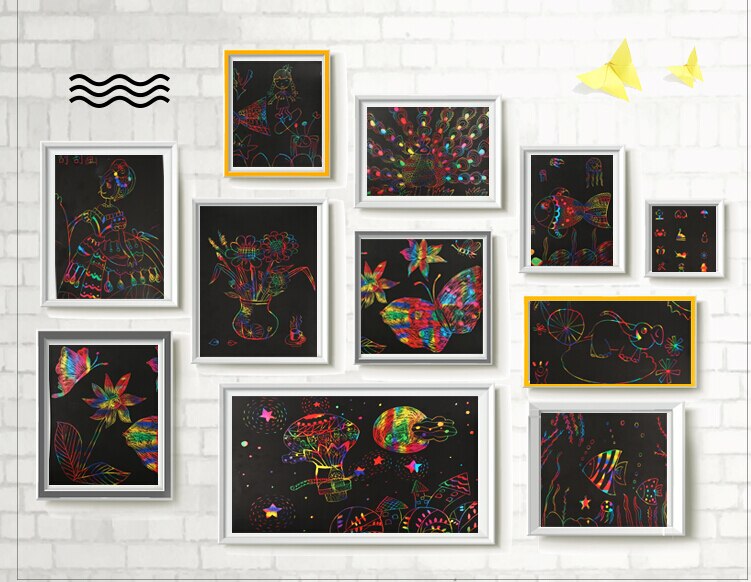 10 Sheets Tekening papier creatieve Kleurrijke Graveren Papier Met Pen Stencil Rainbow Scratch Art Ambachtelijke kerstcadeau