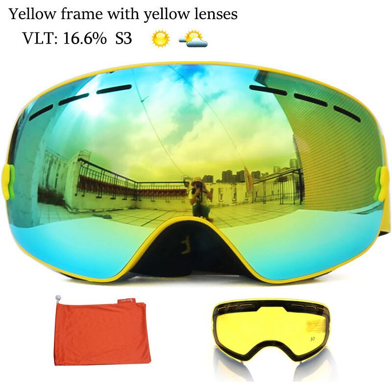 Anti-fog Ski Goggles UV400 Ski Glasses Double Layers Skiing Snowboard Snow Goggles Ski Eyewear With One Graced Brightening Lens: All Yellow