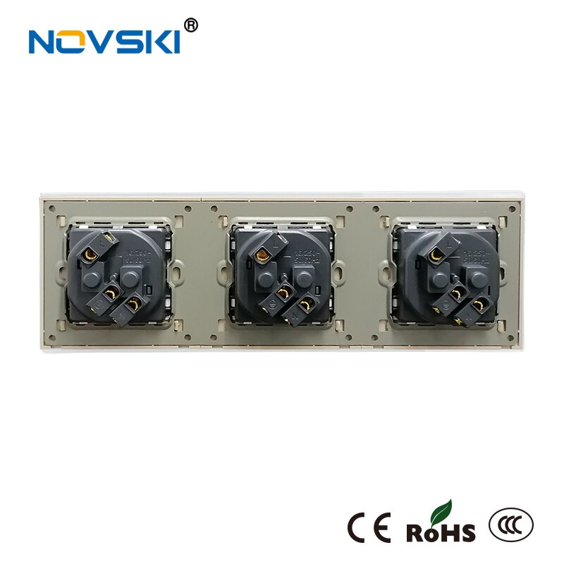 NOVSKI 16A EU Standard Wall Socket Triple Frame Crystal Glass Black Panel 86*258 mm, Hidden LED for USB Charger