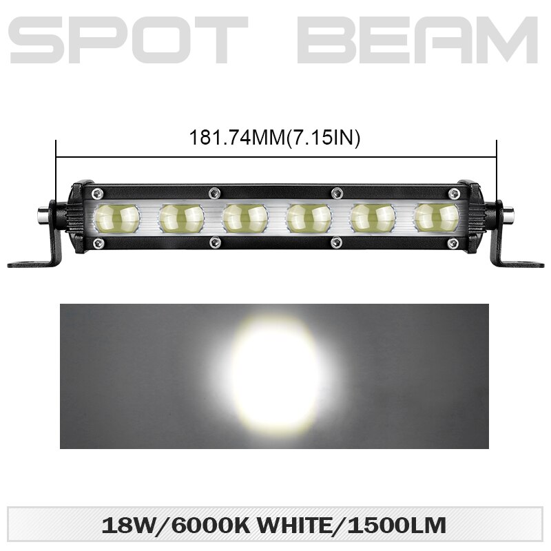 Racbox Ultra Slim 7 Inch Enkele Rij Led Licht Bar Flood Beam 18W 6D Lens 6000K Wit Spotlight voor Atv Suv 4WD 4X4 Off Road 12V: 1 piece Spot light