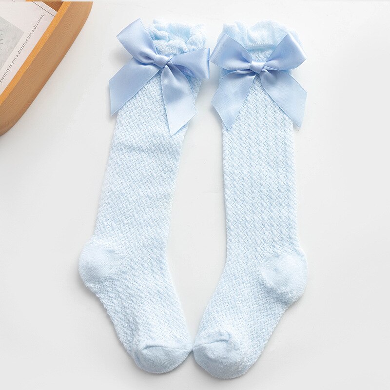 Kinderen Kousen Mesh Ademend Over De Knie Baby Mesh Kousen Kids Boog Mesh Knie Sokken Zomer Dunne Meisje Been warmers: blue  Bow Mesh socks