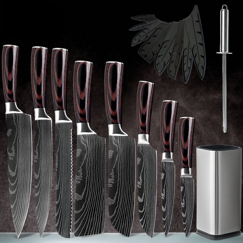 XYj Professionelle Küche Koch Messer Set Japanischen 7CR17 High Carbon Edelstahl Nachahmung Damaskus Muster Kochen Messer Set