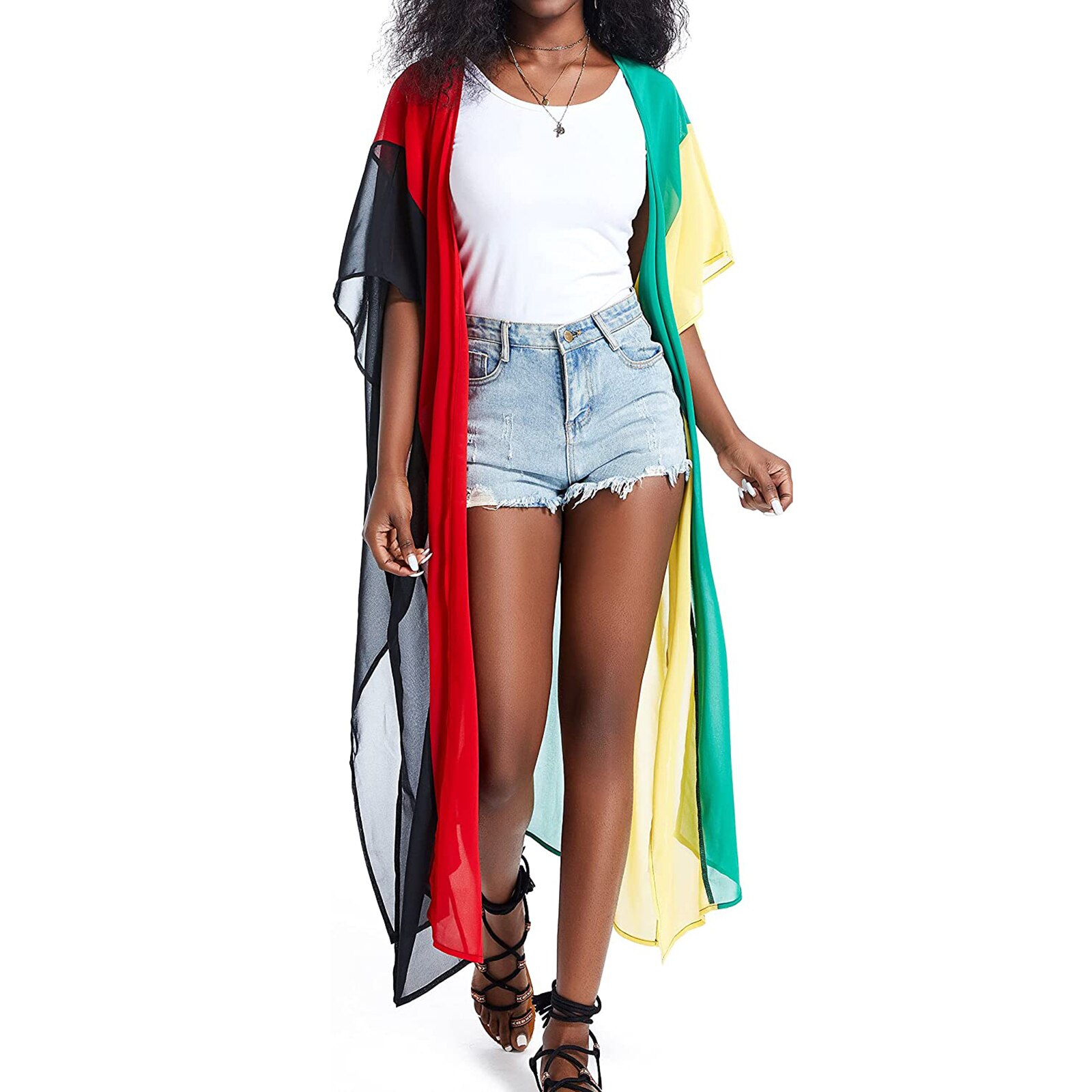 Bata transparente para mujer, Blusa de gasa con estampado único, protección solar, Media manga, Bikini, cárdigan, falda Bohemia con abertura larga, 2022: 8
