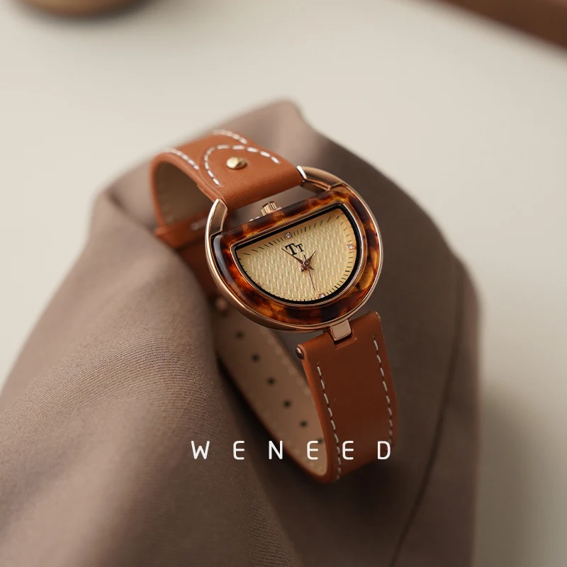 Relojes Vintage de cuero para mujer, ligeros, de lujo, con sentido del para personas mayores, reloj de cuarzo para mujer, Relojes con temperamento para mujer: Bronze