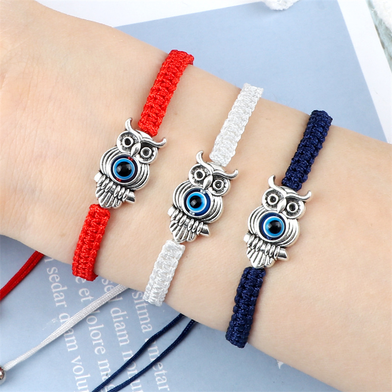 Pulsera ajustable de ojo de la suerte para hombre y mujer, brazalete trenzado de cuerda de hilo rojo hecho a mano, amuleto de búho, joyería de la amistad