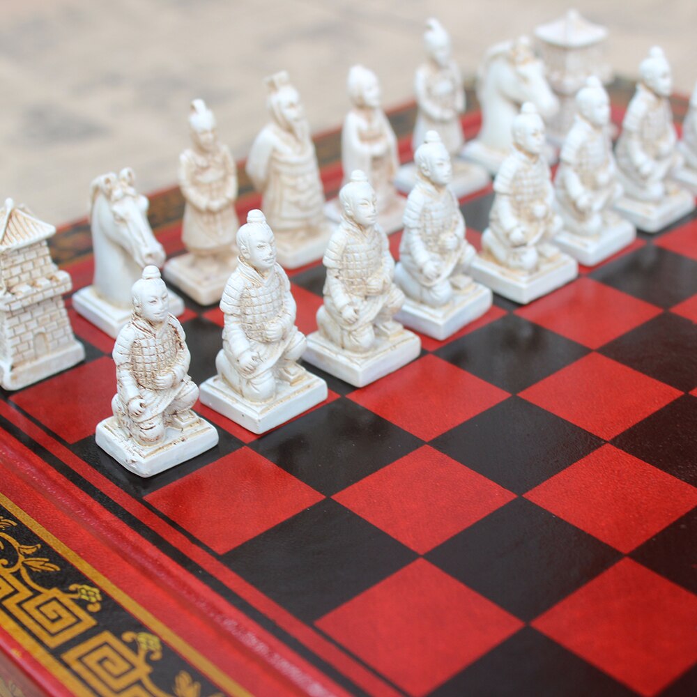 International træskakssæt terracotta krigere skakbrikker skakspil jul kinesisk special