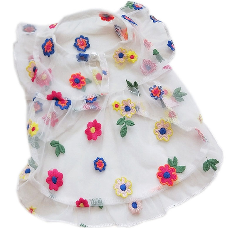 Robe transparente en Tulle pour filles, motif Floral, blanc, manches courtes, chiot, chat, caniche, jupe de princesse, Chihuahua, carlin, été