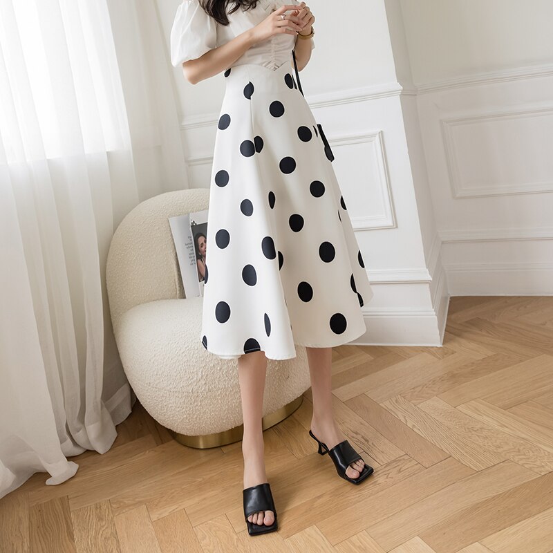 Falda de verano con estampado de lunares para mujer, Falda larga de estilo coreano, , de cintura alta, Estilo Vintage Swing, color blanco y negro,