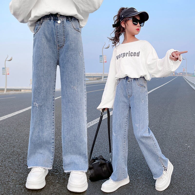 Pantalones vaqueros elásticos de pierna ancha para niño, niña adolescente de 5, 6, 8, 10, 12 y 14 años, primavera y otoño, 2022