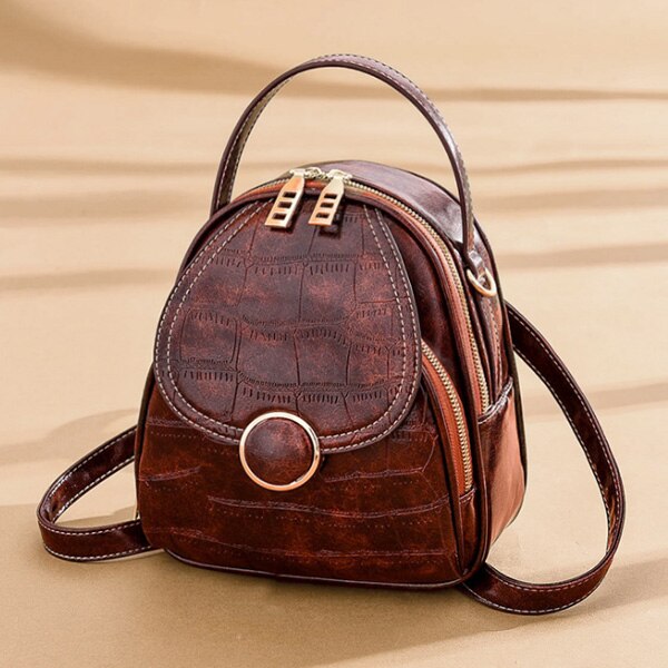 Mochila de couro pu de ombro feminina, multifunção, pequena, para escola, para adolescentes: Coffee