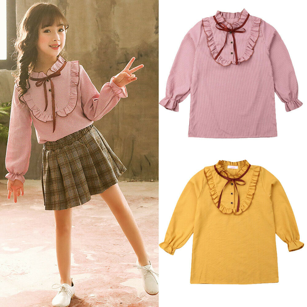 Kids Meisje Gele Blouse Mode Vlinder Kraag Verstoorde Shirts Bladerdeeg Lange Mouwen Kleding Kinderen meisje Top