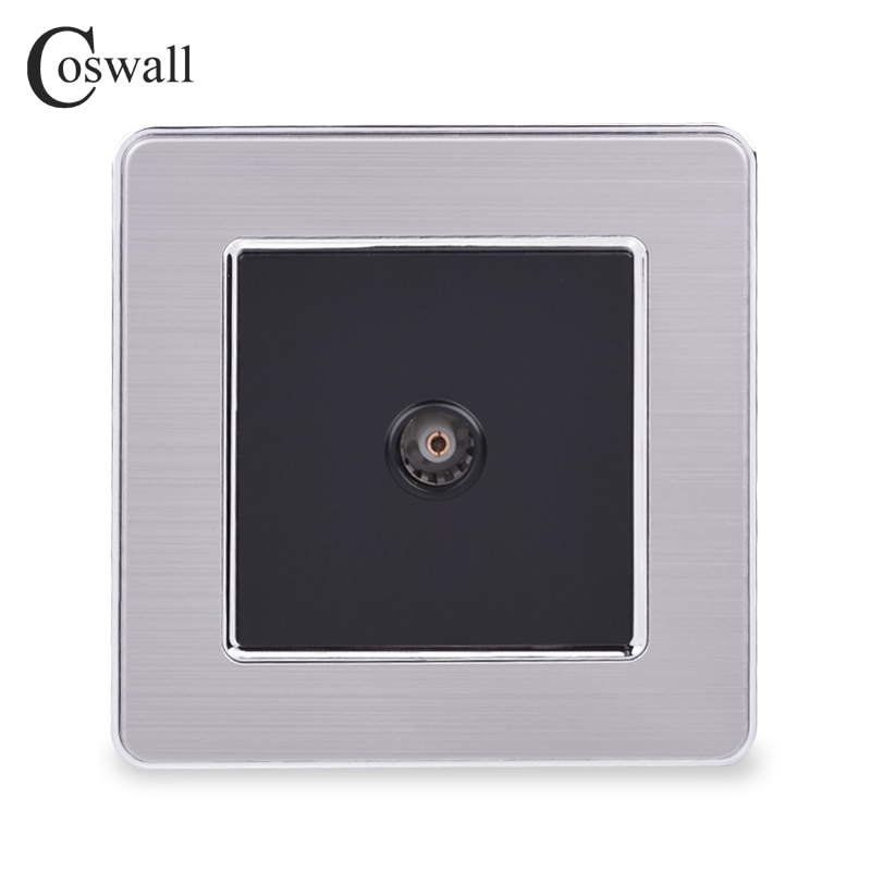 COSWALL 1 Gang Female TV Connector Luxury Wall Socket Outlet Stainless Steel Brushed Silver Frame Panel