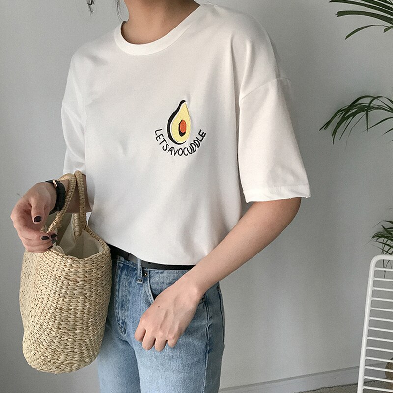 Sød avocado broderi kortærmet t-shirt kvinder sommer lille frisk t-shirt harajuku t-shirt femme top: Hvid