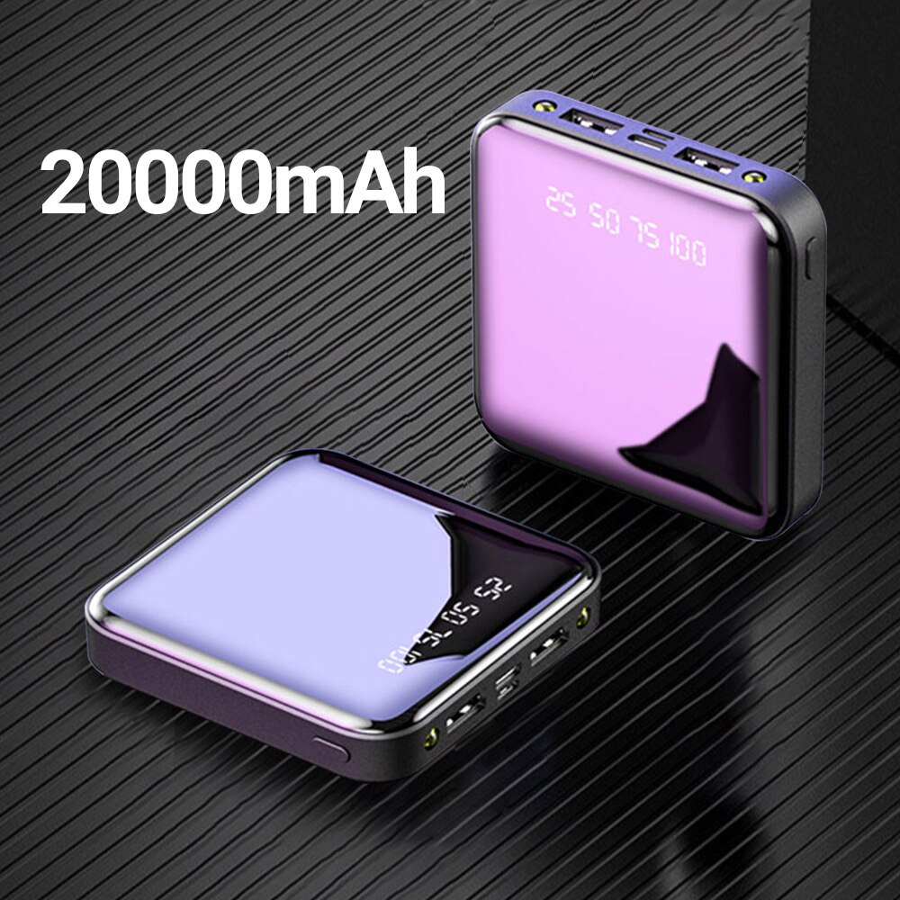 Power Bank 20000mAh Portable Charging Poverbank Mobile Phone LED Mirror Back Power Bank External Battery Pack Powerbank: 20000mAh Black