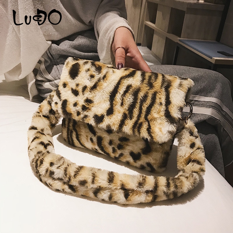 Winter Faux Fur Shoulder Bags For Women Leopard Print Women Handbags Small Tote Bag Lady Shoulder Crossbody Bags Bolsa