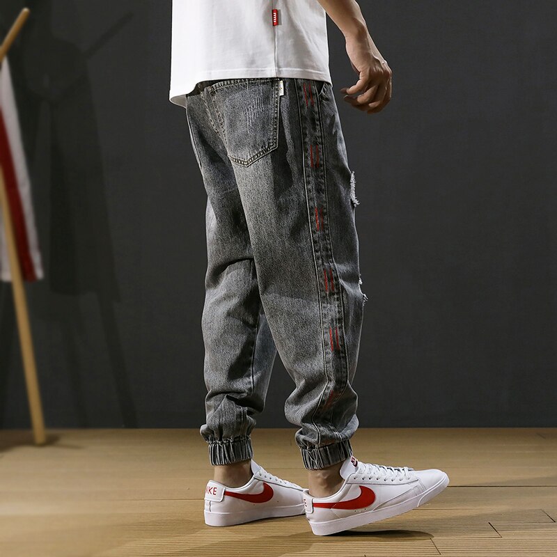 Style japonais hommes jean rayé concepteur coupe ample détruit déchiré Harem jean hommes Cargo pantalon Streetwear Hip Hop jean