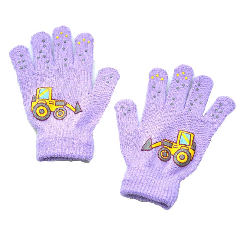 Warmom 6-12Y Children Winter Cold And Warm Outdoor Sports Knitted Gloves Small Engineering Vehicle Pattern Printing Gloves: Purple