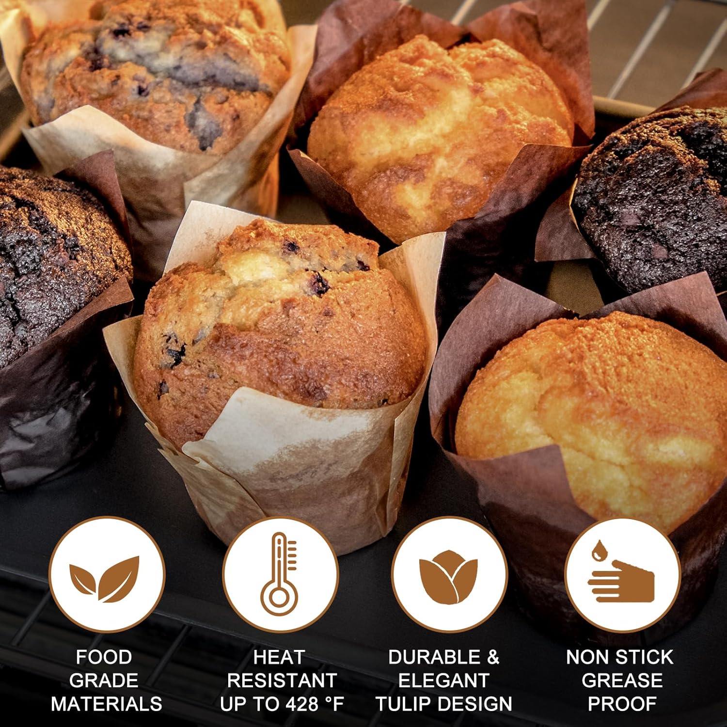 100 stk. tulipanforme til cupcakeforme, papirforme til muffins, cupcakepapir til fest, hjemmelavet kageform, bagepapir, værktøj, indpakningsetui
