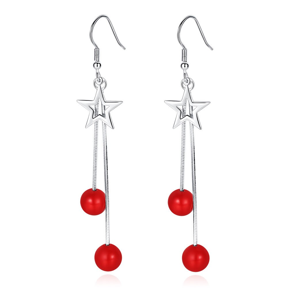 Star Pentagram Long Tassels Red Round Ball 925 Sterling Silver Earrings For Women Luxury Dangling Earrings Jewelry