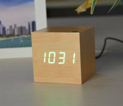 FiBiSonic Upgrade LED Alarm Clock,despertador Temperature Sounds Control LED display desktop Digital table clocks: bamboo green