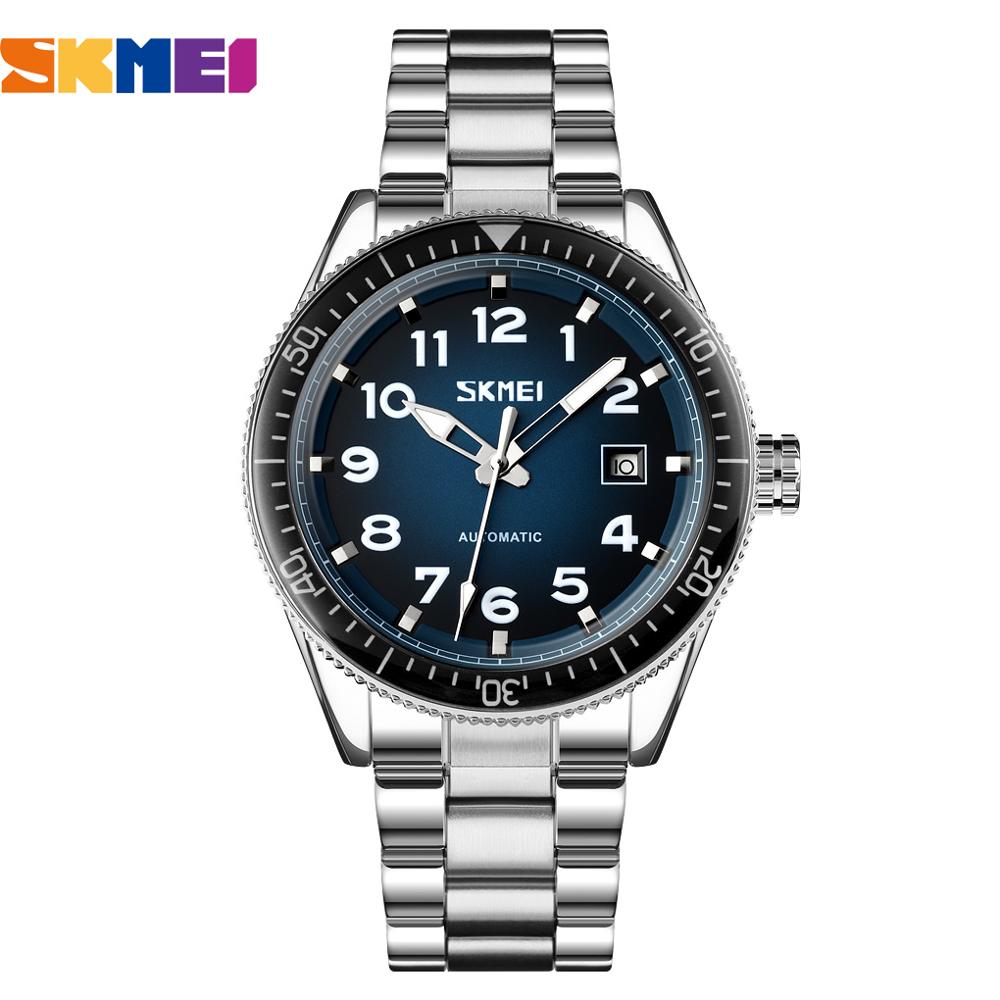 Skmei Top Luxe Horloges Mannen Bussiness Stijl Mechanische Horloge Roestvrij Staal Automatische Horloge Voor Mannen Reloj Hombre: Silver-Blue