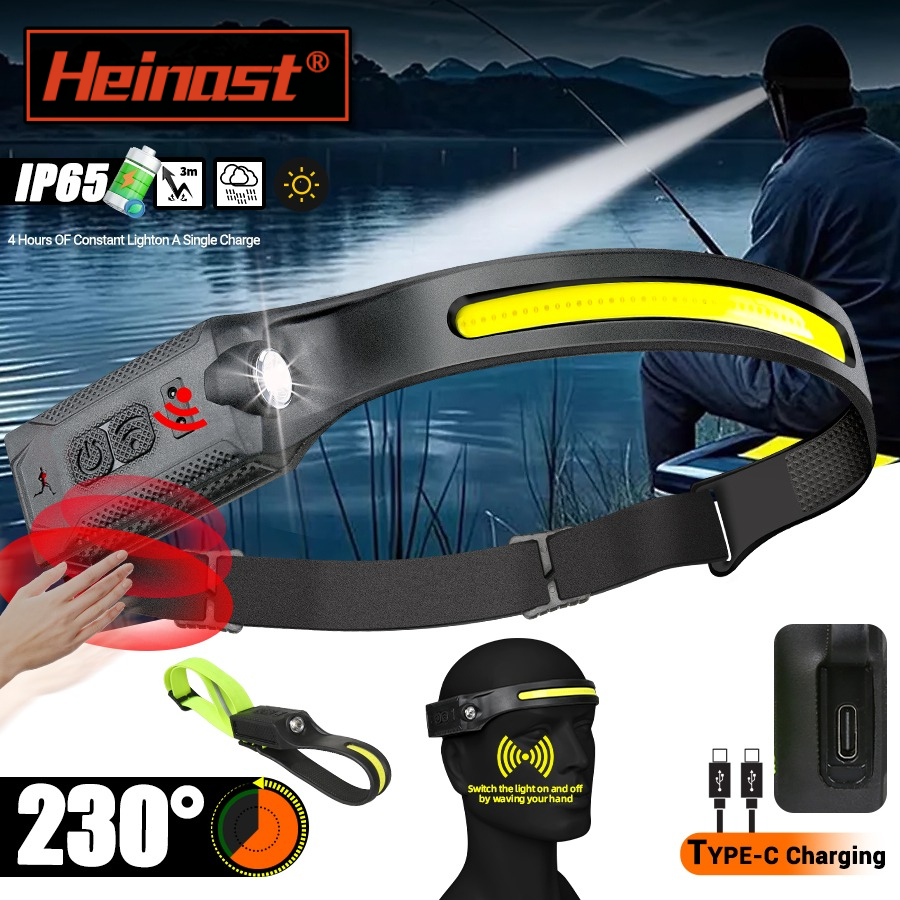 Heinast induksjons-ledet-hodelykt kolbe bredstrålende bølgesensorhodelykt innebygd batteri usb-oppladbar fiskelyktlykt