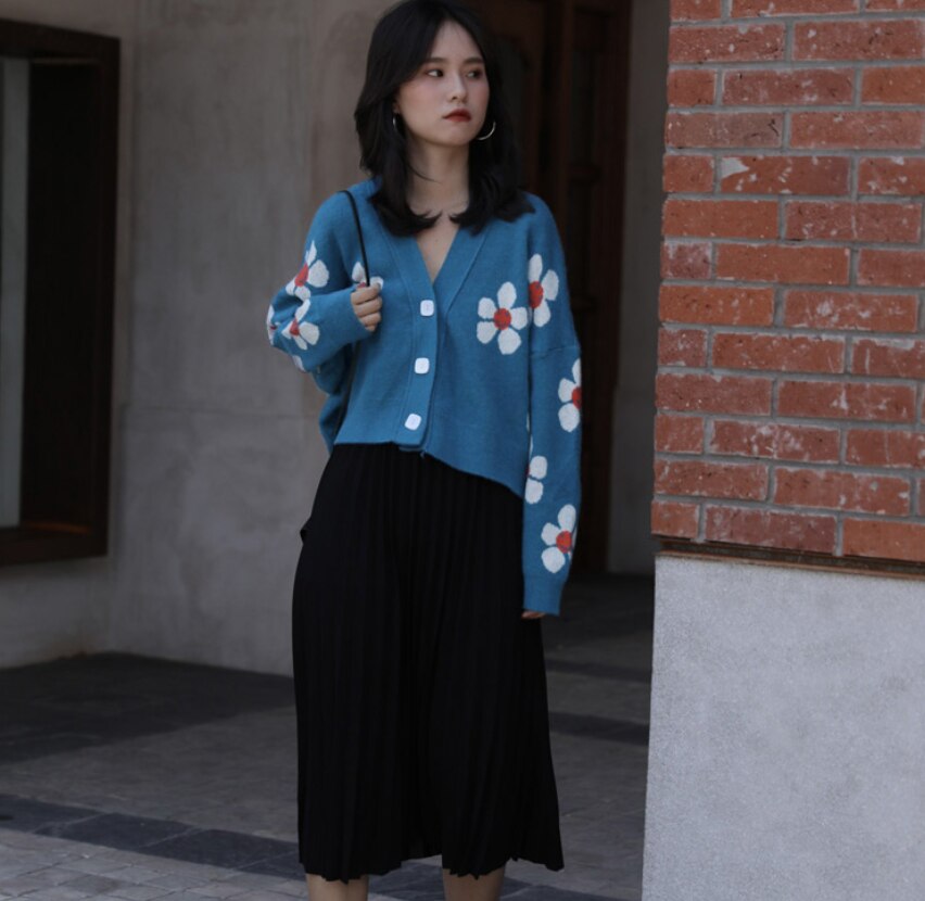 Retro japanilaistyylinen kukka neule neuletakit neulepusero naiset v kaula löysä elegaht paksu femme print lyhyt rento takki