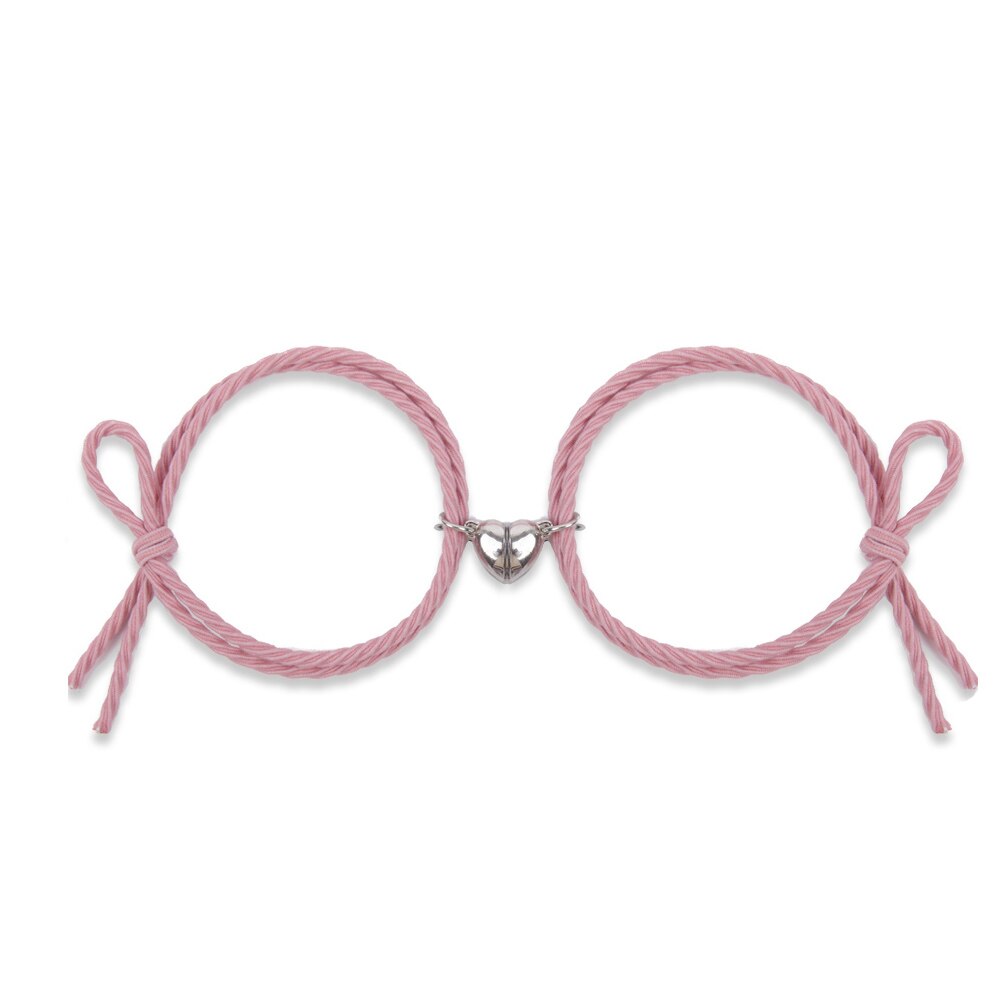 2Pcs Couple Minimalist Heart Lovers Matching Friendship Bracelet Rope Braided Magnetic Distance Bracelet Kit Lover Jewelry: Pink Heart