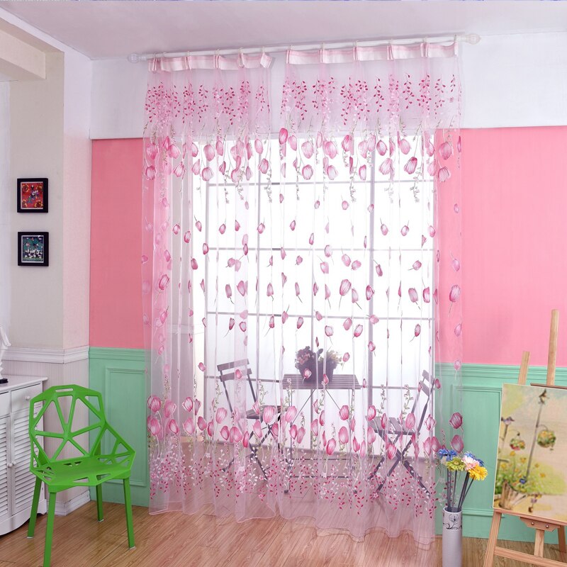 Cortinas de tul de tulipán para dormitorio de niños, visillo moderno de color púrpura para puerta, cocina y ventana, sombreado solar, 100x200cm: Rosa