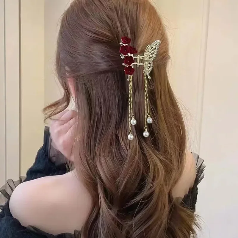 Pinzas de cangrejo y tiburón para niña, accesorios para el cabello, horquilla coreana para mujer, pinza para el cabello Simple de cristal, pinza para el cabello con borla de perlas y mariposa