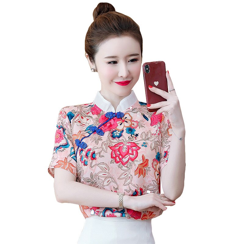 Ropa tradicional china Vintage para mujer, Cheongsam Floral de manga corta, Tops de cuello alto, blusa de boda