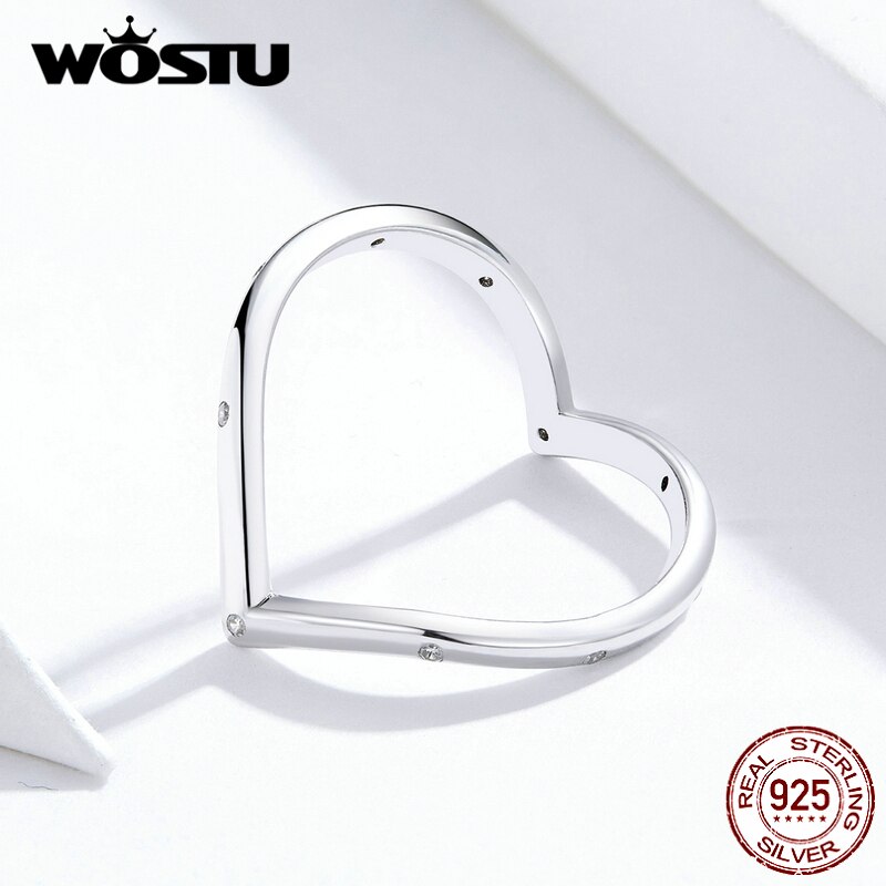 WOSTU Genuine 925 Sterling Silver Love Shape Rings Simple Jewelry For Women Wedding Party Ring CQR622